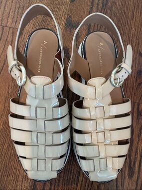 Anthropologie Cream Patent Woven Fisherman Slingback Sandals
